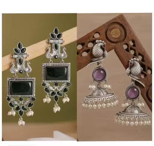 Set of 2 Silver-Plated Artificial Stones and Beads Square Oxidised Drop Earrings | Designed with Attention to Detail to Ensure Reliable Performance and Long-Lasting use. SAGM528-image-40