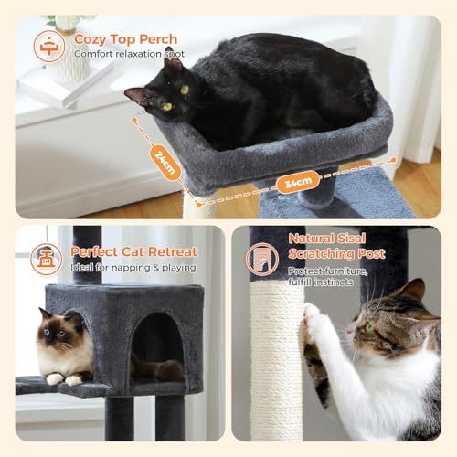 Image of MUTTROS Cat Tree for Indoor Cats, 44.5 inch Multi-Level Cat Tower with Large Metal Frame Hammock, Cat Condo with 2 Scratching Posts and Top Perch for Small to Medium Cats, Dark Gray