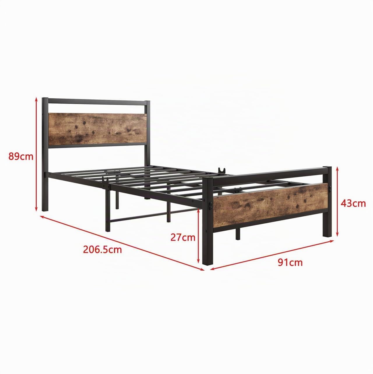 Bett 90x200 Bettrahmen aus Metall Holz Metallbett Einzelbetten Bettgestell Jugendbett 90x200 mit Lattenrost,Metall Bed Frame Braun und Schwarz