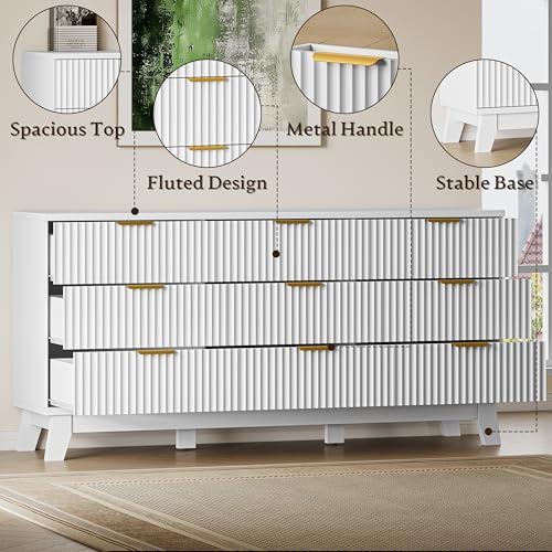 Image of BORNOON Fluted 9 Drawer Dresser, 57.1 inch Wide Modern Boho Chest of Drawers, Wooden Storage Dresser TV Stand for Bedroom, Living Room, Closet, Hallway, Curved Profile Design
