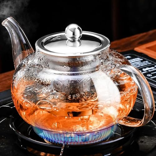 Image of Tea Pot - Glass Kettle for Gas Stove 600Ml - Borosilicate Glass Teapot with Stainless Steel Infuser, Heat-Resistant, Drip-Free Spout, Ideal for Loose Leaf & Blooming Tea, Golden Brew