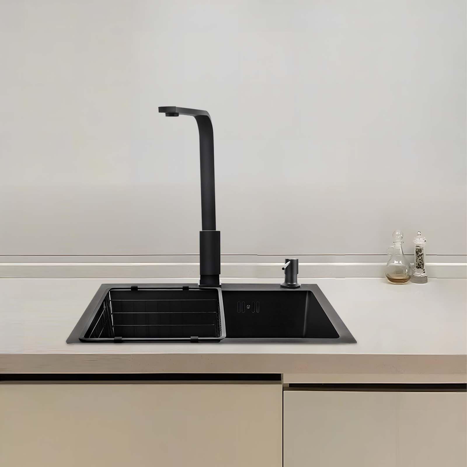 Fregadero de cocina negro de 45 x 40 cm, de acero inoxidable, con grifería, incluye escurridor, dispensador de jabón, grifo giratorio 360°, color negro mate
