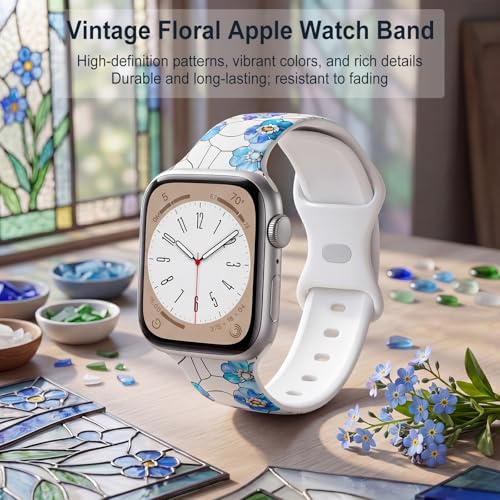 Image of Floral Band Compatible with Apple Watch Bands for Women 40mm 42mm 41mm 38mm 44mm 45mm 46mm 49mm, Cute Pattern Flower Soft Silicone Sport Strap for iWatch Series Ultra 11 10 SE 9 8 7 6 5 4 3 2