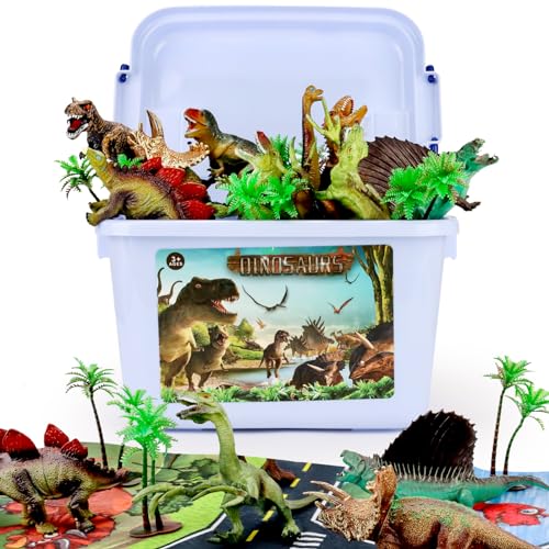 Yostyle Dinosaurios Juguetes para Niños, con Grandes Alfombras (82x70cm) y árboles, Juegos de Dinosaurios Realistas con Caja de Almacenamiento, Regalos de...