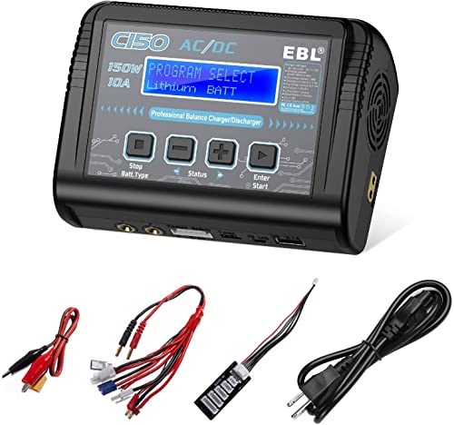 EBL LiPo Battery Charger RC Battery Charger Balance Charger Discharger 150W 10A for 1-6S Lipo/Li-ion/Li-Fe/NiCd/NiMH/LiHV/PB/Smart Battery, Hobby Battery Charger with Connector Adapters