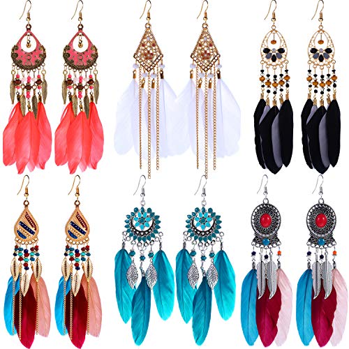 6 Pairs Women Faux Feather Earrings Bohemian Fringe Tassel Long Drop Dangle Earrings Set With Dream Catcher Design For Women Girls (Style 3) #TOP5