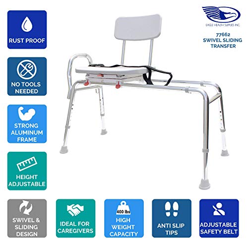 Eagle Health Supplies - Swivel Sliding Bath Transfer Bench (77662) - Regular (Base Length: 39" - 40") - Heavy-Duty Shower Bathtub Chair #TOP5