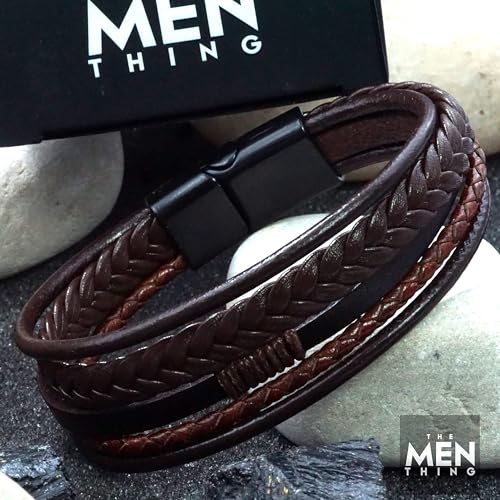 Image of THE MEN THING Leather Bracelet for Men - American Style Brown Genuine Leather Multi-Layer Braided Bracelet with 100% Stainless Steel Magnetic Buckle for Men & Boys