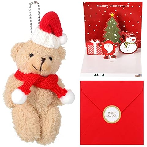 Small Plush Bear Toys 3D Christmas Cards Christmas Drawstring Gift Bag Set Mini Stuffed Bears Christmas Candy Bags Greetings Cards with Envelopes for Birthday Wedding Graduation Christmas Party Favors Cover