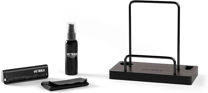 Victrola The Kit - A Vinyl Record Cleaning Kit, Doubles as a Record Stand, Includes Anti-Static Brush, Cleaning Solution, Cloth, Espresso Wood Finish Stand with Smart Black Metal Accents