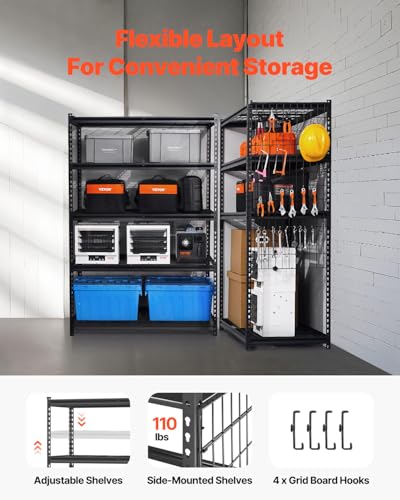 Image of VEVOR Storage Shelves, 3000 lbs, 5 Tier Heavy Duty Garage Shelving, 24 inch D x 48 inch W x 72 inch H Adjustable Metal Shelves for Industrial Shelving Unit Utility Shelf, for Kitchen, Warehouse, Basement, Black