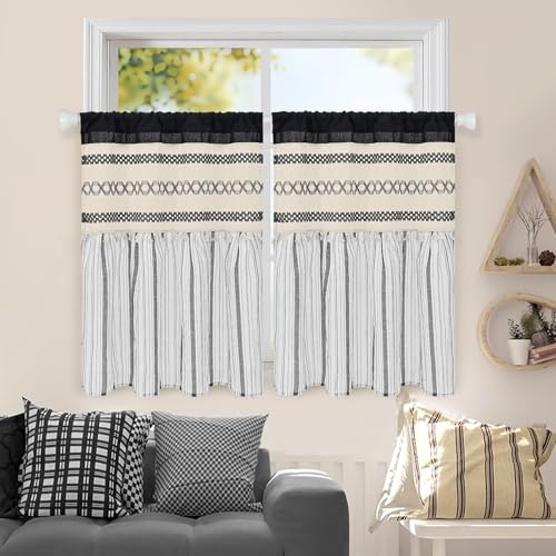 FRAMICS Farmhouse Linen Kitchen Curtains 36 Inch Length Black Striped Short Curtain for Windows Boho Crochet Small Window Curtains for Kitchen Rod Pocket Tier Curtain for Bathroom, Cafe, 2 Panels by FRAMICS - Image 6