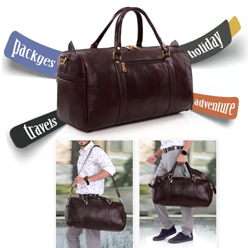 Image of HYATT Leather Accessories Weekender Travel Duffle Bag with Separate Shoe /Laundry Compartment for Men & Women Made of Natural Dry-Milled Leather (Brown)