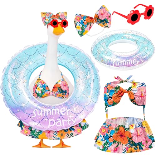 Gmurnai Porch Goose Summer Outfit 23 Inch Hawaiian Bikini Costume Accessories Include Bow Sunglasses & Swim Ring Fits Cement Goose Statue for Garden Patio Yard Outdoor Decor (Tropical Floral)