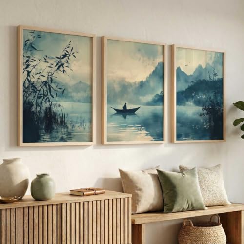 Image of kotart Big Aesthetic Nature Art Wall Framed Posters | Japanese Nature View Framed Poster for Living Room Bedroom Wall Decor Set Of 3 (10X13 inch)