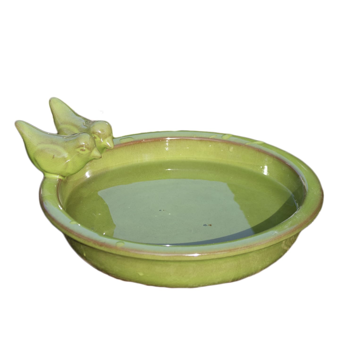 Olive Green Glazed Ceramic Bird Bath with Perched Birds, Round Outdoor Water Bowl Garden Decor, 32cm