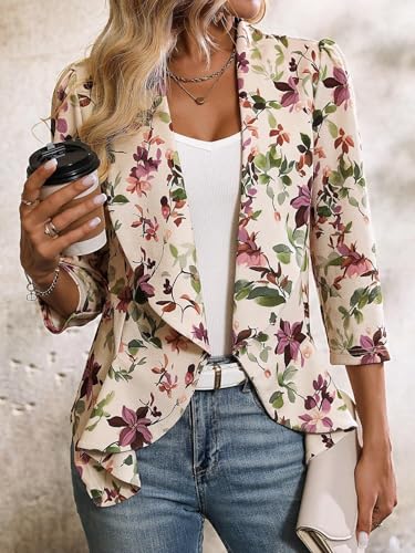 Blazers for Women 2025 Elegant Floral Print Ruffle Hem Cinched Waist Open Front Blazer Jacket Trendy Jacket4