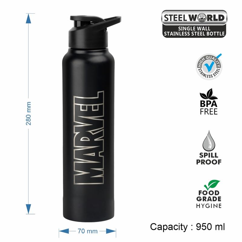 Image of SKI Sprint Stainless Steel Sipper Water Bottle with Laser Print, for School, Office, Gym, Home, Travel | Adults &Teens | 950 ML, Leakproof, Rust free | Character Merchandise | MARVEL