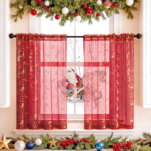 Songella Navidad Cortina Translucidas Cortinas Opacas con Estampado Dorado Visillos Dormitorio para Salon Cocina 2 Piezas Rojo 63.5 * 93.5 cm