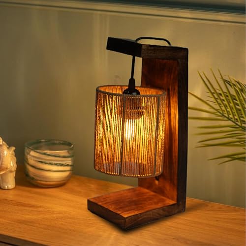 Image of Ikari Homes Vintage Table Lamp I Indonesian Rattan Cane with Braided Wire I Boho Table lamp for Bedroom /Living Room /Office Desk /Restaurants - (Twisted Raffia)