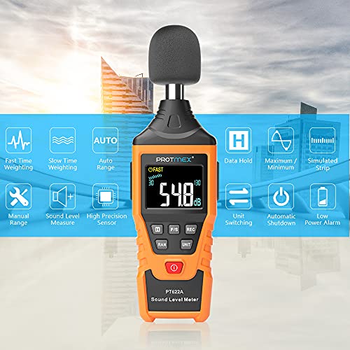 Image of Protmex PT622A Sound Level Meter, Digital Decibel Reader Measurement, Range 30-130 dB with Large LCD Screen Display, Accuracy 1.5dB Noise Meter, Fast and Slow Selection
