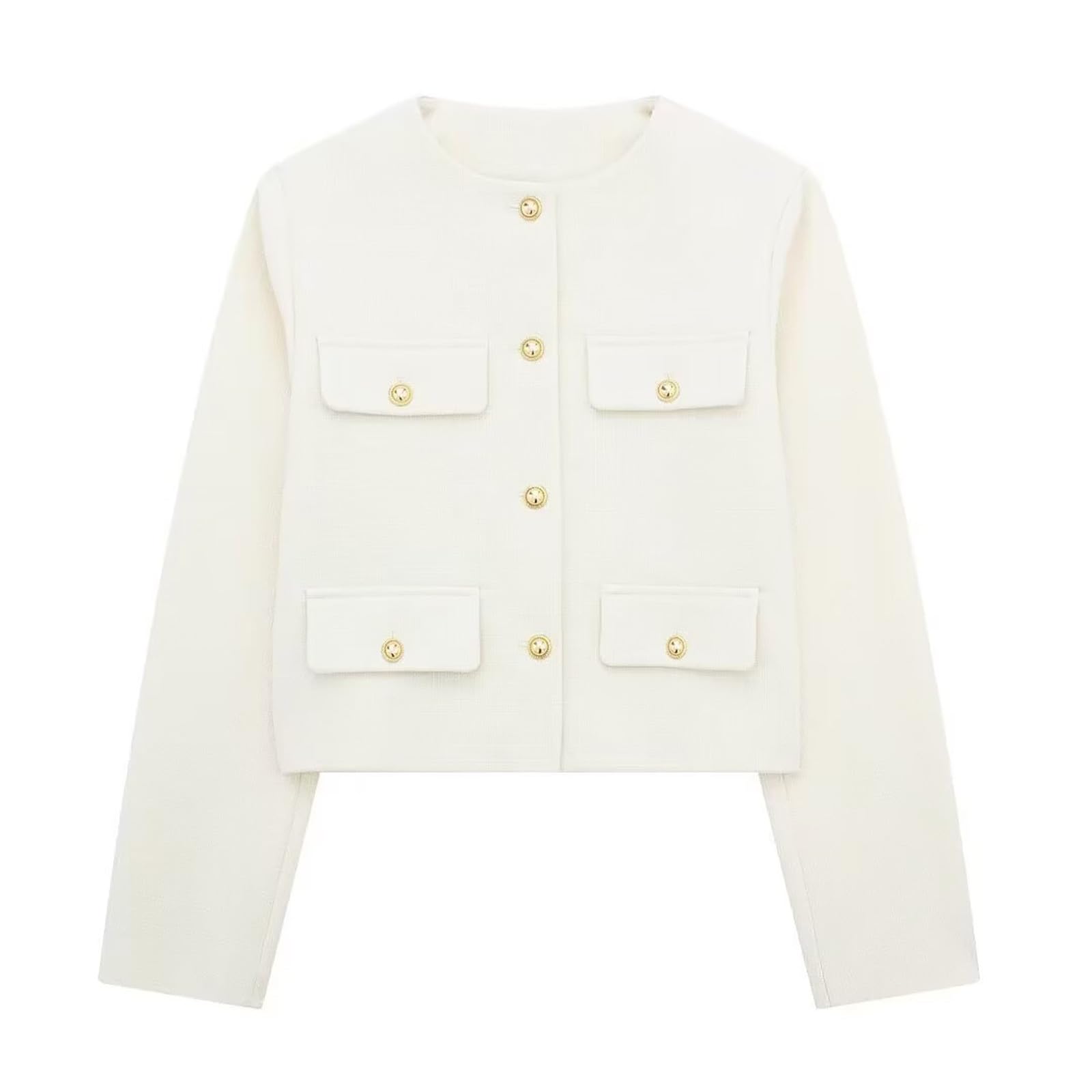 Women Tweed Jacket Cropped Blazers Fall Winter Elegant Round Neck Pockets Business Casual Outfit Long Sleeve Coats