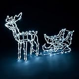 Christow Christmas Reindeer Sleigh Light Up Outdoor Decoration, Energy Efficient LED White Wire Flashing Garden Silhouette, Mains Powered (197.5cm x 76cm x 34cm)