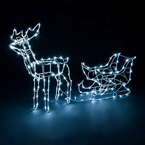 Christow Christmas Reindeer Sleigh Light Up Outdoor Decoration, Energy Efficient LED White Wire Flashing Garden Silhouette, Mains Powered (197.5cm x 76cm x 34cm)