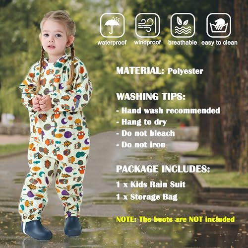 Kids Toddler Rain Suit for Boys Girls One Piece Hoodie Zipper Cartoon Waterproof Coverall Rain Jacket 1-10 Years3