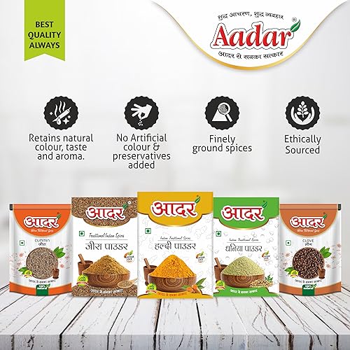 Image of Aadar Spices Indian Spice Combo Pack of 5 x 100gm Each - Coriander Dhaniya Powder, Jeera Powder, Turmeric Haldi Powder, Whole Cumin, Sabut Laung Cloves, No Added Preservatives