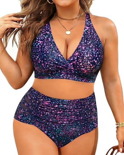 Yonique Womens Plus Size Bikini High Waisted Swimsuits Two Piece Bathing Suits Tummy Control Swimwear Star Whole Sky 16Plus