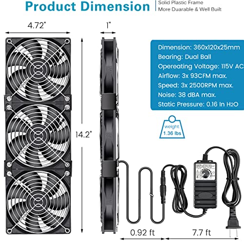 Gdstime Big Airflow 3 X 120Mm Fans Dc 12V Powered Fan With Ac 110V - 240V Speed Control, Cabinet Chassis Cooling Fan, Server Workstation Cooling Fan #TOP5