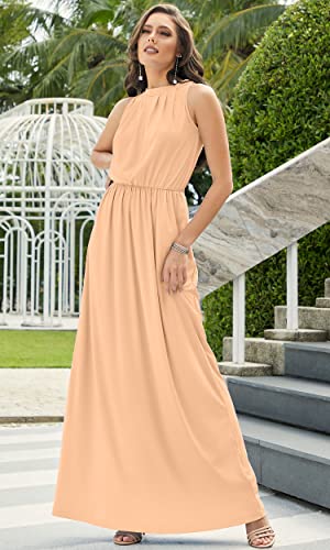 Image of KOH KOH Womens Customized Long Sexy Sleeveless Bridesmaid Halter Neck Wedding Party Guest Summer Casual Brides Formal Evening A-line Gown Gowns Personal Custom Maxi Dress Dresses, Light Pink Peach