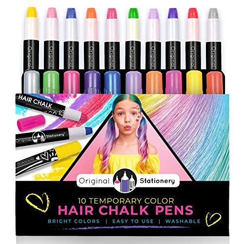 Original Stationery Hair Chalk Pens for Girls Ages 7+, 10-Pack Washable Temporary Hair Color Set for Kids with Metallic & Vibrant Shades, Fun Creative Activity, Christmas and Holiday Gift