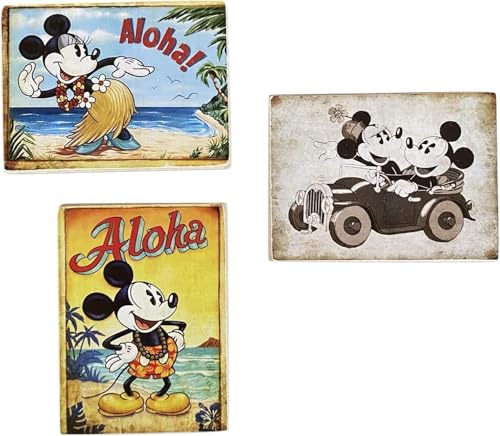 Dysney - Juego de 3 imanes (imanes) Mickey Mouse y Minnie Mouse Aloha para frigorífico, dormitorio de colección, impresión sobre madera, 10 x 6 cm