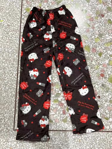 Image of BIUGNVW Anime Pajamas Pants Women Cartoon Family Christmas Pajama Pants Kawaii Flannel Pajama Pants Black and Pink