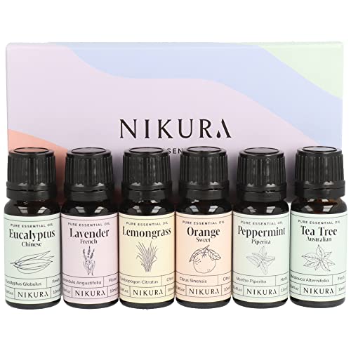 Nikura Starter Kit Essential Oil Gift Set - 6 x 10ml | Essential Oil for Diffuser for Home Aromatherapy Strong Fragrance Sleep | Eucalyptus Lavender Lemongrass Sweet Orange Peppermint Tea Tree
