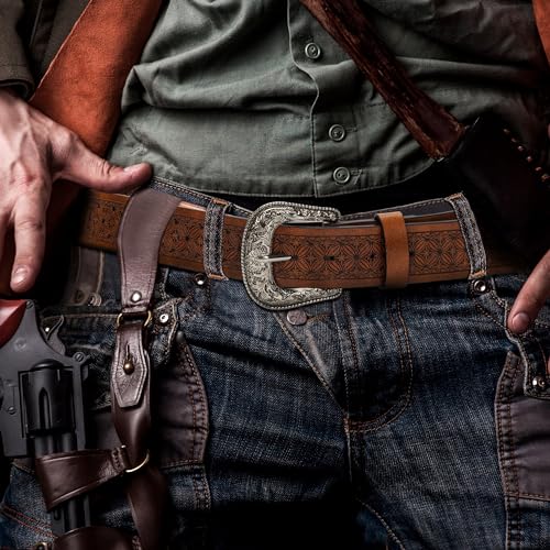 Adjustable Vintage Western-Belts for Women Men Engraved Floral Metal Buckle-Belts Cowboy-Cowgirl-Belt Waist 28"-38"3
