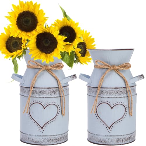 Dicunoy 2 PCS Metal Milk Can Jug 75 Rustic Flowers Vases Vintage Galvanized Farmhouse Bucket French Shabby Chic Decor for Dried Floral Arrangements Home Christmas Wedding Table Centerpiece