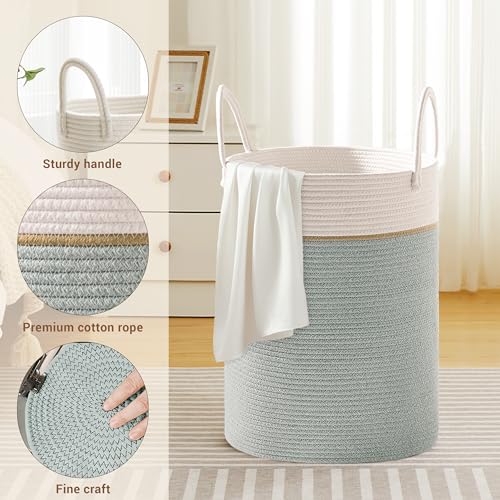 Image of 72L Large Tall Cotton Rope Laundry Basket with Handles, Sage Green