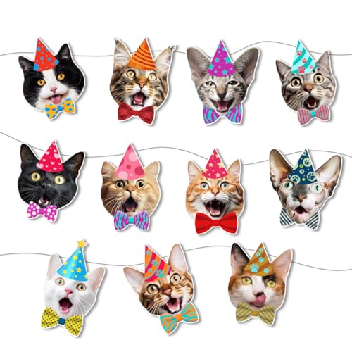 Image of Cat Faces Birthday Banner, Photographic Kittens Garland Party Decor | garland with 12 real photo cat face pennants, pre-strung; reusable cardstock; funny decor for cat lover parties