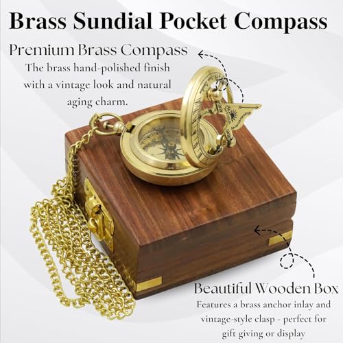 Brújula de latón con sundial y caja de madera, 2 pulgadas miniatura 3
