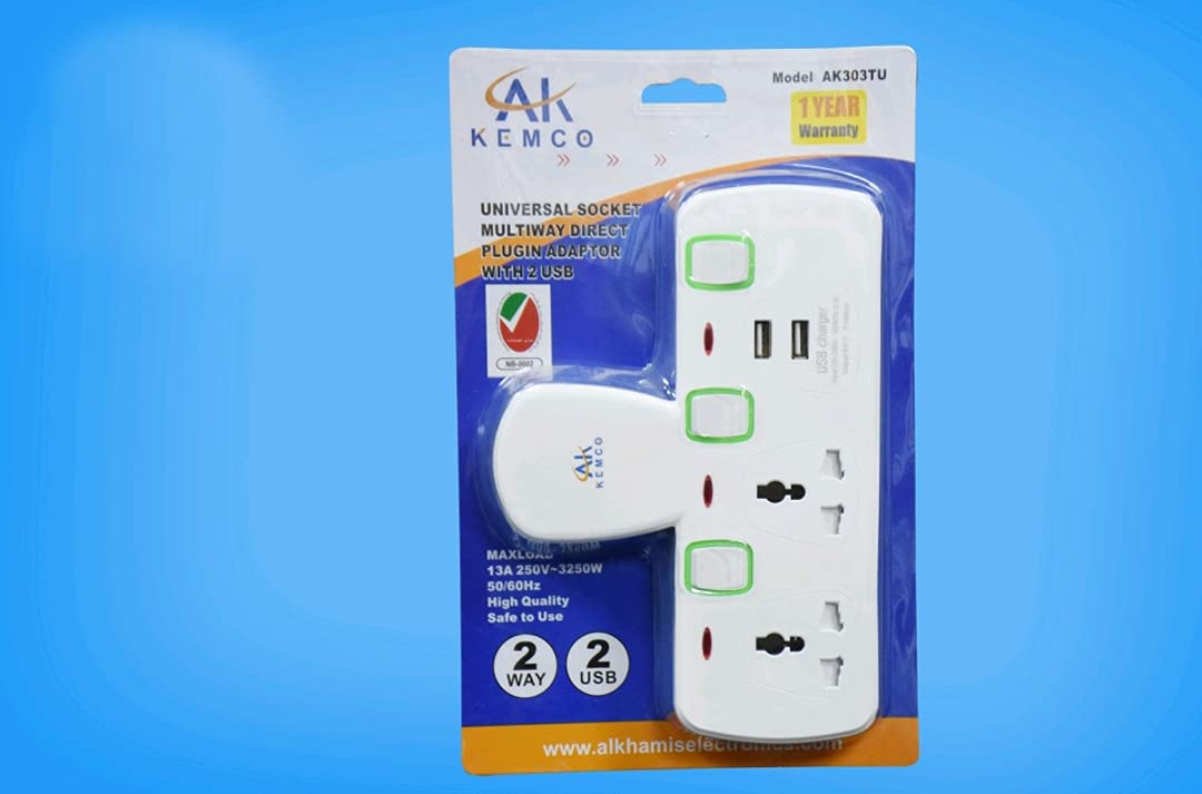 Kemco T-socket Universal Multiplug with 2 plugin Adaptor wall extender & 2 USB - Individual switch - ESMA Certified - Plug in Adaptor