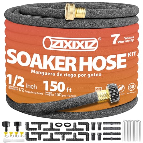 Zixixiz 150FT Heavy-Duty 1/2 Inch Soaker Hose with 3/4 Inch Solid Brass Connector - Leakproof Garden...