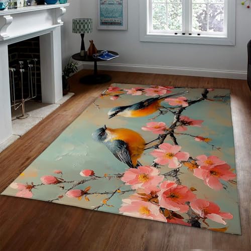 Tapis cerisier oiseau en impression 3D douce lavable 150x210cm - 2