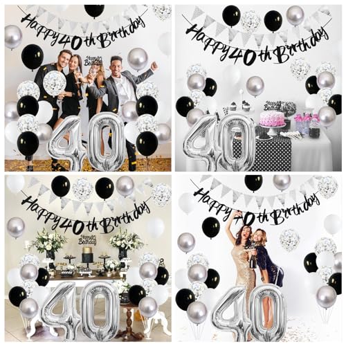 Image of 40th Birthday Decorations for Men, Black Silver 40th Birthday Balloons with Black Happy 40th Banner 40 Cake Topper Decor Number 40 Balloon for Women 40th Party Decoration
