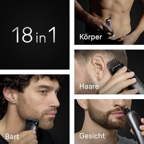 Braun All-in-One Series 7, 18-in-1 Multigroom, Barttrimmer, Nasenhaartrimmer, Haarschneidemaschine für Gesicht, Kopf und Körper, 120 Min Akku, 14 Längen (0.1–21 mm), Wasserdicht, AIO7585, Grau