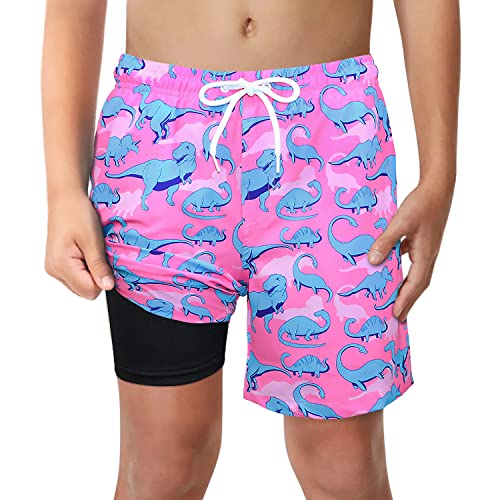 Image of Boys Swim Trunks with Boxer Brief Liner Compression Anti Chafe Swimming Shorts Stretchy UPF Quick Dry Swimsuit
