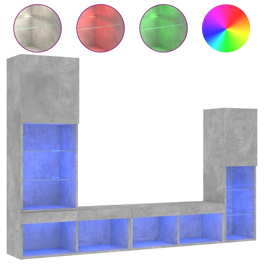 4-częściowy zestaw meblościanek, szary beton, materiał drewnopochodny, z oświetleniem LED RGB, nowoczesne meble telewizyjne do salonu, stabilne i odporne na wilgoć, wysokość 30-102 cm
