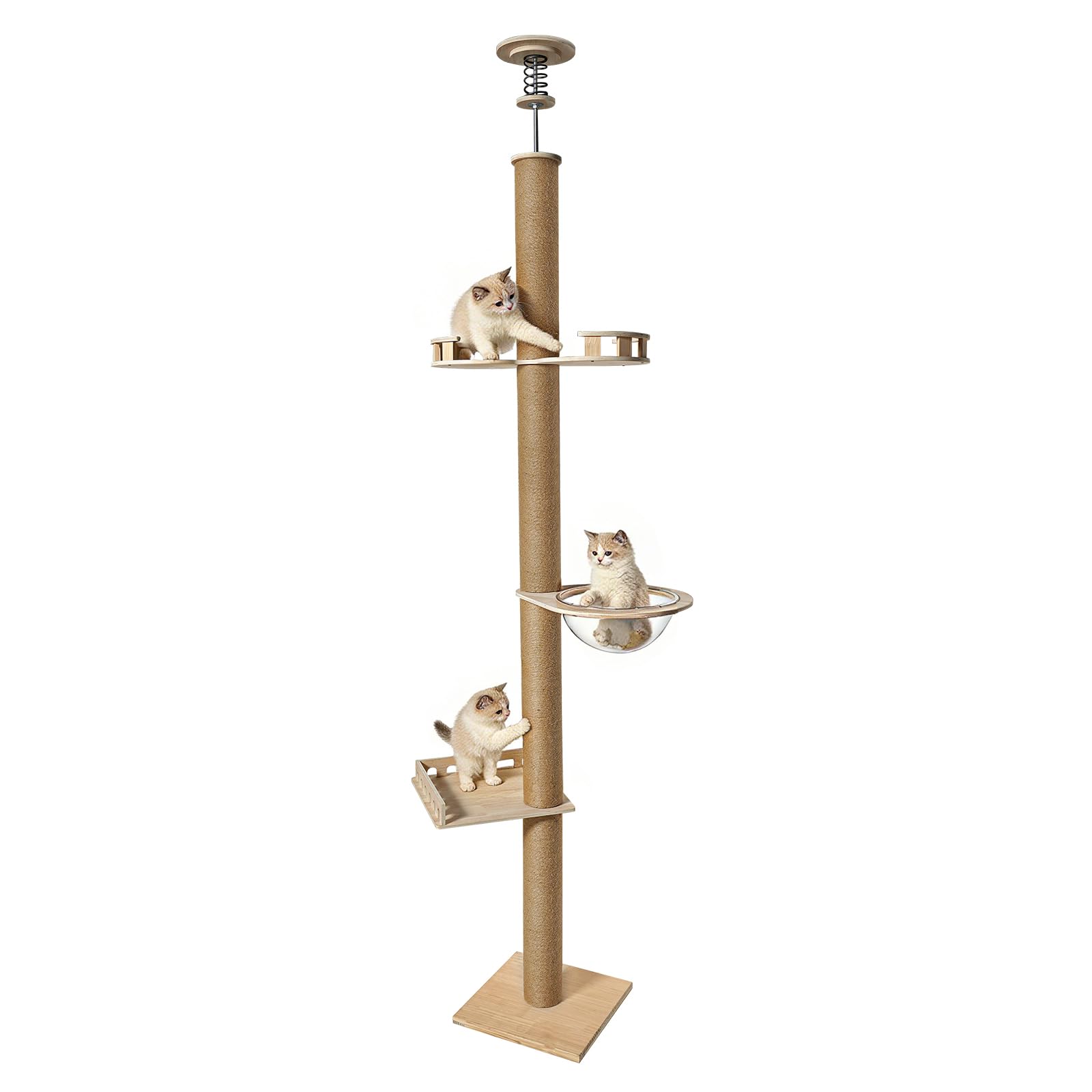 Torre per gatti a 3 livelli fino al soffitto (255-265 cm), struttura da arrampicata per gatti, albero per gatti montato a parete, grande mobile per gatti con spazio per dormire